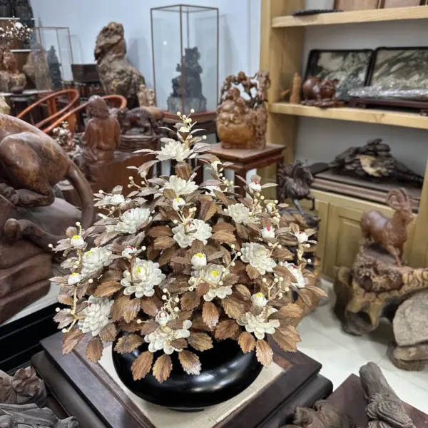 Bình Hoa Trắng Ban Mai Lá Gỗ Sưa, Bình Gỗ Cẩm Tây Bắc MQ10