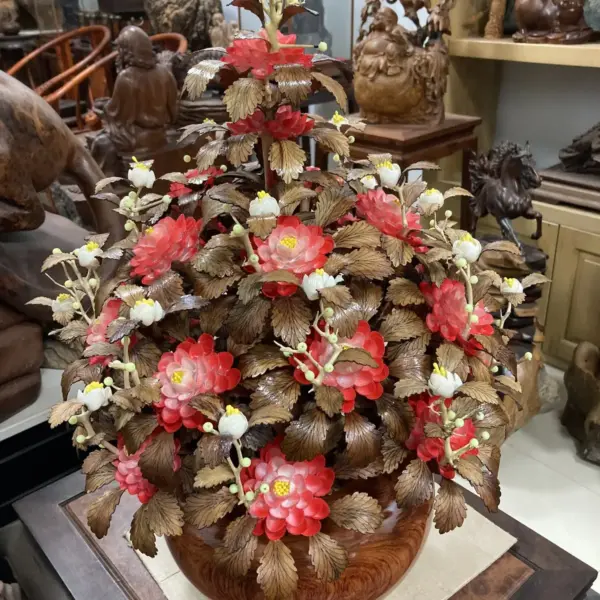 Bình Hoa Đỏ – Lá Gỗ Sưa, Bình Gỗ Hương Đá G13