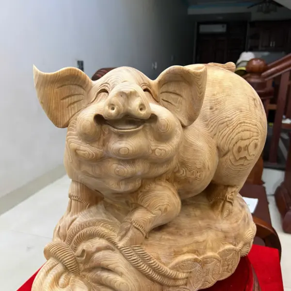 Tượng Heo Gỗ Ngọc Am Liền Khối To Mộc Đẹp Đang Lên Tuyết Cao 39, Ngang 43, Sâu 26